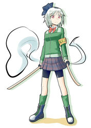  armband bike_shorts bike_shorts_under_skirt black_hairband black_shorts bow commentary_request contemporary dual_wielding female grey_hair hairband hairbow hitodama holding katana konpaku_youmu konpaku_youmu_(ghost) red_eyes short_hair shorts simple_background skirt solo standing sword touhou weapon yoekosukii 