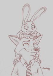  2018 anthro buckteeth canid canine claws clothed clothing disney duo female fox inner_ear_fluff judy_hopps lagomorph leporid looking_down looking_up male mammal monochrome necktie nick_wilde rabbit richard_foley shirt simple_background size_difference smile teeth text toe_claws topwear tuft zootopia 