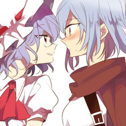  2girls ascot belt blue_hair blush close-up commentary_request grey_hair hat izayoi_sakuya makiko multiple_girls red_eyes remilia_scarlet scarf short_hair simple_background smile touhou upper_body white_background yuri 