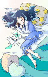  barefoot bed blanket blue_hair blush closed_eyes coffret_(heartcatch_precure!) commentary_request female heartcatch_precure! kurumi_erika long_hair lying night_clothes on_side pillow precure ryun sleeping smile star_(symbol) 