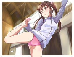  athletic_leotard border brown_hair commentary_request e20 female gymnastics hair_bobbles hair_ornament indoors jacket leg_up leotard long_hair outside_border photokano pink_leotard plantar_flexion sakura_mai_(photokano) solo stretching track_jacket twintails white_border yellow_eyes 