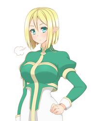  :&lt; blonde_hair blush breasts breath commentary_request elf erika_(sao) female green_eyes hair_between_eyes hand_on_own_hip highres kyounami large_breasts looking_at_viewer partial_commentary pointy_ears puffy_short_sleeves puffy_sleeves short_hair short_sleeves sidelocks sigh solo sword_art_online white_background 