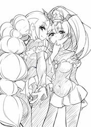  2girls bad_end_happy bad_end_peace blush greyscale hoshizora_miyuki long_hair looking_back misu_kasumi monochrome multiple_girls precure smile smile_precure yayoi_kise 