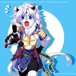  1boy :o animal_ears armor ars_goetia blue_background blue_eyes cat_ears cat_tail colored_skin commentary_request forehead_jewel furry furry_male gloves hand_on_own_hip kyousaku lowres male_focus mygrimoire oerba_yun_fang pointing purson_(mygrimoire) shadow shirt shorts solo tail white_hair white_skin 