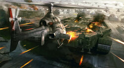  aerial_battle aircraft army battle building bunker burning cannon caterpillar_tracks commentary_request damaged firing fleet flying gameplay_mechanics helicopter landship military military_vehicle missile motion_blur motor_vehicle no_humans noba realistic rocket_launcher smoke tank tiger_heli tower turret twin_cobra video_game war weapon 