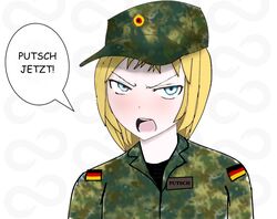  angry artist_request blonde_hair blue_eyes blush female flags german_flag hat lippe meme military military_uniform open_mouth original poorly_drawn putsch-chan rwds short_hair simple_background solo subliminal tagme uniform upper_body white_background 