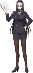  black_hair business_suit female full_body glasses legs long_hair monster_musume_no_iru_nichijou monster_musume_no_iru_nichijou_online ms._smith short_skirt simple_background skirt smile solo standing thighhighs 