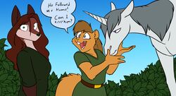  2018 anthro aside_glance black_nose blue_eyes breasts brown_hair canid canine clothed clothing dialogue diana_artemis english_text equid equine female feral fox foxenawolf fur gradient_background green_eyes group hair horn looking_at_viewer male mammal mythological_creature mythological_equine mythology outside pink_nose plant purple_eyes red_hair rodent sandra_chastain sandy_(rebelsqurl) sciurid simple_background tail text tree_squirrel unicorn unicorn_horn white_body white_fur yellow_body yellow_fur 