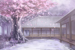  architecture c.z. cherry_blossoms commentary_request east_asian_architecture forest gensokyo grass hakugyokurou house nature no_humans outdoors scenery sky touhou tree 