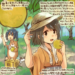  2girls admiral_(kancolle) animal blue_hair brown_eyes brown_hair commentary_request dated day food fruit green_kimono hamster hat hiryuu_(kancolle) holding holding_food holding_fruit japanese_clothes kantai_collection kimono kirisawa_juuzou kirisawa_juuzou_(character) multiple_girls nashi_pear non-human_admiral_(kancolle) pear short_hair souryuu_(kancolle) traditional_media translation_request twintails twitter_username 