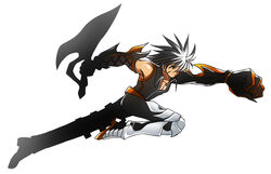  1boy bad_id bad_pixiv_id black_hair black_pants commentary_request elsword full_body jewelry male_focus mechanical_arms multicolored_hair necklace pants photoshop_(medium) pinyshi punching raven_cronwell reckless_fist_(elsword) reverse_grip serious shirt shoes single_mechanical_arm sleeveless sleeveless_shirt solo spiked_hair sword two-tone_hair weapon white_background white_hair yellow_eyes 