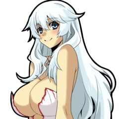  artemis_(fate/grand_order) bare_shoulders blue_eyes blush breasts cleavage dress fate/grand_order fate_(series) female jewelry large_breasts long_hair smile solo upper_body white_hair 