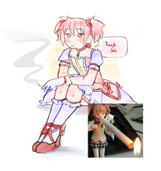 absurdres artist_name bow cigarette commentary dress dress_bow english_text fire frilled_dress frilled_socks frills gloves highres holding holding_cigarette kaname_madoka kaname_madoka_(magical_girl) kneehighs kyuubee magical_girl mahou_shoujo_madoka_magica malibebouu meme photo_inset pink_bow pink_eyes pink_hair puffy_short_sleeves puffy_sleeves red_shoes shoes short_sleeves short_twintails sitting smoke smoking socks soul_gem speech_bubble square_neckline twintails white_gloves white_socks 