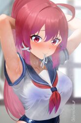  after_sex armpits blue_one-piece_swimsuit blush breasts covered_navel dorachan_r female hair_ribbon hair_tie highres i-168_(kancolle) indoors kantai_collection koubi_(meme) long_hair looking_at_viewer medium_breasts meme mouth_hold one-piece_swimsuit pink_hair ponytail red_eyes red_hair ribbon school_swimsuit school_uniform serafuku serasuku smile solo swimsuit swimsuit_under_clothes window 