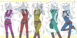  1boy armlet black_eyes blue_jumpsuit body_fur boots claws commentary_request feet_out_of_frame furry furry_male green_jumpsuit grey_fur high_collar jewelry jumpsuit kensan_(isizakirie) long_hair looking_at_viewer male_focus multiple_views pink_jumpsuit precure rainbow red_jumpsuit sleeveless_jumpsuit smile_precure standing studded_armlet tail translation_request very_long_hair white_background white_hair wolf_boy wolfrun yellow_jumpsuit 