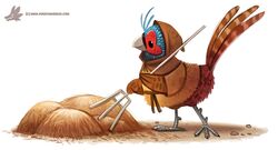  2016 anthro avian bird blue_body blue_feathers bottomless brown_body brown_feathers clothed clothing common_pheasant digital_media_(artwork) digital_painting_(artwork) feathered_wings feathers galliform grey_body hay hood humor male phasianid phasianus piper_thibodeau pun rake red_body red_feathers simple_background solo text tools url visual_pun white_background wings 