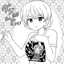  0_0 argyle_background birthday blush_stickers braid breasts casual cat_shooting_lightning character_name character_print chibi commentary cup darjeeling_(girls_und_panzer) dated electricity female girls_und_panzer greyscale hand_on_own_chest holding holding_cup long_sleeves looking_at_viewer lowres miniskirt monochrome nanashiro_gorou orange_pekoe_(girls_und_panzer) parody pleated_skirt print_shirt school_uniform shirt short_hair short_sleeves skirt smile solo st._gloriana&#039;s_school_uniform sweater swept_bangs t-shirt teacup tied_hair translated twin_braids v-neck 