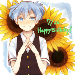  1boy ansatsu_kyoushitsu black_vest blue_background blue_eyes blue_hair border buttons chocore closed_mouth collared_shirt commentary_request dated floral_background flower hair_between_eyes happy_birthday kunugigaoka_middle_school_uniform looking_at_viewer male_focus outside_border own_hands_together school_uniform shiota_nagisa shirt short_hair short_sleeves short_twintails smile solo sunflower twintails upper_body vest white_border white_shirt yellow_flower 