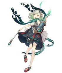  :d bow_(music) breasts dress female full_body green_dress green_hair horns instrument ji_no little_match_girl_(sinoalice) looking_at_viewer official_art open_mouth platform_footwear red_eyes sandals scarf single_horn sinoalice sleeveless sleeveless_dress small_breasts smile solo teeth thigh_strap transparent_background upper_teeth_only violin 