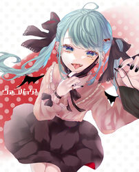  ahoge aqua_eyes aqua_hair bat_wings black_nails black_ribbon black_skirt commentary cowboy_shot female frilled_shirt frills hair_ornament hair_ribbon hatsune_miku heart heart_hair_ornament highres holding holding_mask jewelry jirai_kei long_hair looking_at_viewer mask mask_pull mobukyara_(mobumobu0817) mouth_mask nail_polish oerba_yun_fang pink_shirt polka_dot polka_dot_background ribbon ring shirt skirt solo song_name tongue tongue_out twintails vampire_(vocaloid) vocaloid wings wrist_belt 