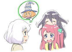  3girls biting black_hair blue_eyes blush_stickers chapeauji commentary_request dororon_enma-kun enma-kun hair_ornament head_biting konno_junko long_hair minamoto_sakura multiple_girls open_mouth short_hair simple_background smile thought_bubble ueyama_michirou white_background white_hair yamada_tae zombie_land_saga 