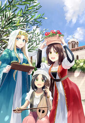  3girls :d aege-kai_wo_wataru_hana-tachi arms_up balancing balancing_on_head black_hair blonde_hair blue_dress blue_eyes blue_sky breasts brown_hair coin_(ornament) commentary_request cross day dress flower food green_eyes head_chain headdress highres hinoshita_akame holding holding_instrument instrument jewelry juliet_sleeves leaning_forward long_hair long_sleeves looking_at_viewer lyra_(instrument) multiple_girls music object_on_head open_mouth outdoors pants plant planter potted_plant puffy_sleeves red_flower shirt short_hair sitting sky smile standing traditional_dress tray veil vest white_shirt 