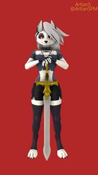  3_toes 3d_(artwork) 4_fingers 4k 9:16 absurd_res angry anthro artians barefoot bottomwear canid canid_demon canine choker clothed clothing collar demon digital_media_(artwork) digitigrade fangs feet female fingerless_gloves fingers fire_emblem fire_emblem_path_of_radiance flat_chested fur gloves hair handwear hellhound helluva_boss hi_res inverted_pentagram jewelry legwear longsword looking_at_viewer loona_(aeridiccore) loona_(helluva_boss) mammal melee_weapon multicolored_body multicolored_fur mythological_canine mythological_creature mythology navel necklace nintendo notched_ear occult_symbol paws pentagram red_background red_sclera revamped_anthros shirt shorts simple_background smile solo source_filmmaker_(artwork) spiked_collar spikes standing stockings sword symbol teeth toeless_legwear toes topwear torn_clothing watermark weapon white_body white_eyes white_fur white_hair 