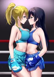  2girls asymmetrical_docking ayase_eli bare_shoulders black_hair blonde_hair blue_eyes blue_gloves blue_shorts blue_sports_bra boxing boxing_gloves boxing_ring boxing_shorts breast_press breasts commentary commission eye_contact frown gloves highres indoors large_breasts long_hair looking_at_another love_live! love_live!_school_idol_project medium_breasts multiple_girls nanatsu_no_umi navel ponytail shorts sidelocks skeb_commission smile sonoda_umi sports_bra stomach underwear yellow_eyes 