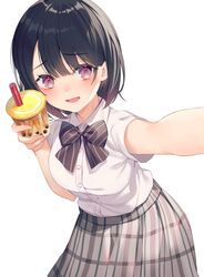  achiki black_bow black_bowtie black_hair blush bow bowtie breasts bubble_tea buttons collared_shirt commentary_request cup diagonal-striped_bow diagonal_stripes disposable_cup dress_shirt drinking_straw female grey_skirt hair_between_eyes holding holding_cup medium_breasts official_art open_mouth plaid plaid_skirt pleated_skirt red_eyes satou_koharu school_uniform shio_taiou_no_satou-san_ga_ore_ni_dake_amai shirt short_sleeves simple_background skirt solo standing striped striped_bow white_background white_shirt 