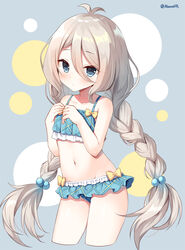  antenna_hair bare_arms bare_shoulders bikini bikini_skirt blue_bikini blue_eyes blush bow braid closed_mouth collarbone commentary_request cowboy_shot cropped_legs dotted_background female frilled_bikini frills grey_background grey_hair hair_between_eyes hair_bobbles hair_ornament hands_up kokkoro_(princess_connect!) kokkoro_(real)_(princess_connect!) long_hair low_twintails mauve navel photoshop_(medium) plaid plaid_bikini princess_connect! solo swimsuit twin_braids twintails twitter_username very_long_hair yellow_bow 