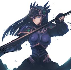  armor black_armor black_hair blue_eyes breastplate breasts closed_mouth feathers female helmet hrist_valkyrie long_hair looking_at_viewer madsensei shoulder_armor simple_background solo valkyrie valkyrie_profile_(series) weapon white_background winged_helmet 