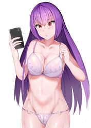  adjusting_strap bad_id bad_pixiv_id bra breasts cellphone cleavage collarbone fate/grand_order fate_(series) female frown highres holding holding_phone large_breasts lingerie looking_down navel o-ring o-ring_bottom panties phone purple_hair red_eyes scathach_(fate) scathach_skadi_(fate) sikijou77o simple_background smartphone solo standing underwear white_background 