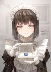  black_hair bob_cut box closed_mouth commentary_request earrings female gem gloves grey_eyes highres holding jewelry jewelry_box juliet_sleeves keiko_(mitakarawa) long_sleeves looking_at_viewer maid maid_headdress original puffy_sleeves short_hair smile solo straight-on upper_body white_gloves 