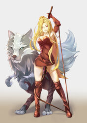  bare_shoulders blonde_hair breasts cleavage commentary_request dress elbow_gloves female gloves holding large_breasts long_hair looking_at_viewer online_neet ponytail red_dress red_gloves short_dress shynesslady simple_background smile star_ocean star_ocean_the_second_story strapless very_long_hair whip wolf 