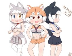  3girls animal_ears commentary_request dog_(mixed_breed)_(kemono_friends) dog_(shiba_inu)_(kemono_friends) dog_ears dog_tail fangs harness heterochromia highres kemono_friends midriff multiple_girls nanachii_(nanatidayo) oerba_yun_fang open_mouth pantyhose shorts siberian_husky_(kemono_friends) skirt sleeveless survival_friends tail tank_top torn_clothes torn_pantyhose translation_request white_pantyhose 