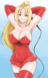  bare_shoulders blonde_hair breasts cleavage closed_mouth collarbone commentary_request dress elbow_gloves female gloves holding large_breasts long_hair looking_at_viewer ponytail red_dress red_gloves short_dress shynesslady simple_background smile solo star_ocean star_ocean_the_second_story strapless very_long_hair 