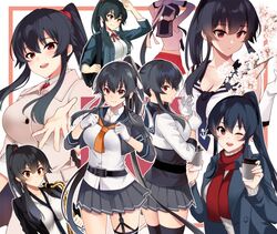  adjusting_clothes adjusting_gloves anchor_symbol belt belt_buckle black_belt black_hair black_legwear black_necktie black_sailor_collar blush breasts buckle cleavage closed_mouth collarbone cup female gloves grey_skirt hair_between_eyes holding holding_cup ichinomiya_(blantte) instrument kantai_collection long_hair multiple_views necktie one_eye_closed open_mouth orange_necktie pleated_skirt ponytail red_eyes red_skirt sailor_collar saxophone school_uniform serafuku skirt tenor_saxophone thighhighs white_gloves yahagi_(kancolle) yahagi_kai_ni_(kancolle) 