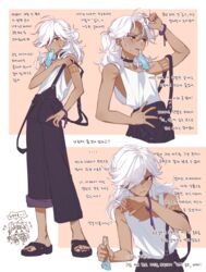  1boy absurdres alternate_costume black_pants border bracelet chibi cyno_(genshin_impact) dark-skinned_male dark_skin dori_(genshin_impact) female genshin_impact hair_over_one_eye half_updo highres ice_s_s_z jewelry korean_text long_hair male_focus multiple_views one_eye_covered orange_background pants red_eyes sandals short_ponytail suspenders tank_top translation_request white_border white_hair white_tank_top 