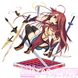  ahoge backless_outfit belt black_footwear black_thighhighs blue_shorts breasts brown_belt brown_eyes butt_crack closed_mouth commentary_request copyright_name elbow_gloves female full_body gloves holding holding_knife holding_weapon knife kousoku_kidou_avatar_drive long_hair looking_at_viewer multiple_swords multiple_weapons official_art okutomi_fumi red_hair shorts solo sword thighhighs weapon white_background 