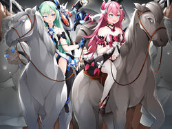  2girls :d absurdres bare_shoulders black_gloves blue_eyes blue_hair dress full_body gloves gr_greeze highres honkai_(series) honkai_impact_3rd horns horseback_riding liliya_olenyeva looking_at_viewer multiple_girls open_mouth pink_hair project_bunny riding rozaliya_olenyeva siblings single_horn sitting sleeveless sleeveless_dress smile tail thighhighs twins white_horse white_thighhighs 