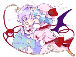  2girls bat_wings blue_hair blush bow closed_eyes commentary de17a dress frilled_shirt_collar frills hairband hand_on_another&#039;s_face hand_on_another&#039;s_shoulder hat heart highres kissing kissing_cheek komeiji_satori large_bow long_sleeves mob_cap multiple_girls one_eye_closed purple_eyes purple_hair remilia_scarlet short_hair symbol-only_commentary third_eye touhou upper_body wings yuri 