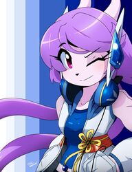  2019 anthro breasts clothed clothing dragon electronics female freedom_planet galaxytrail hair headphones headphones_around_neck horn hybrid jacket jewelry kenjikanzaki05 long_hair mammal mythological_creature mythological_scalie mythology one_eye_closed pattern_background purple_hair red_eyes sash_lilac scalie simple_background smile solo striped_background topwear wink 