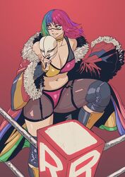  asuka_(wrestler) breasts brown_eyes butcherboy cleavage commentary english_commentary facepaint female holding holding_mask large_breasts leg_up looking_to_the_side mask medium_hair midriff multicolored_hair navel off_shoulder plump real_life solo thick_thighs thighs wrestling_outfit wwe 