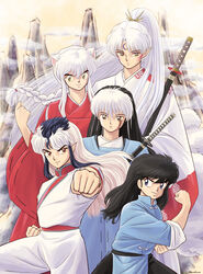  5boys absurdres alternate_hairstyle black_eyes black_hair braid braided_ponytail brothers brown_eyes chinese_clothes clenched_hand cloud creator_connection crescent crossover facial_mark forehead_mark hair_down hairstyle_switch hand_up herb_(ranma_1/2) high_ponytail highres inuyasha inuyasha_(character) japanese_clothes katana kimono long_hair looking_at_viewer male_focus mao_(mao) mao_(takahashi_rumiko) mountain multicolored_hair multiple_boys multiple_crossover outstretched_arm pants photoshop_(medium) pointy_ears ponytail ranma_1/2 red_eyes ribbon-trimmed_sleeves ribbon_trim ruffling_hair saotome_ranma sash scar scar_on_face sesshoumaru shinkan siblings sidelocks single_braid sleeves_rolled_up smile sword two-tone_hair very_long_hair weapon white_hair yellow_eyes 