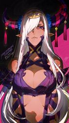  asymmetrical_horns bare_shoulders breasts cleavage countdown dark-skinned_female dark_skin dragon_girl female fire_emblem fire_emblem_engage hair_ornament hair_over_one_eye highres horns large_breasts long_hair mature_female mika_pikazo official_art pointy_ears purple_eyes purple_ribbon revealing_clothes ribbon solo tan tassel tassel_hair_ornament uneven_horns zephia_(fire_emblem) 