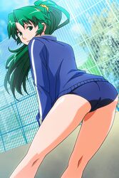  ass blue_buruma buruma day feet_out_of_frame female fence green_eyes green_hair gym_uniform high_ponytail long_hair long_sleeves looking_at_viewer looking_back non-web_source official_art outdoors photoshop_(medium) shoko_(super_real_mahjong) solo super_real_mahjong tanaka_ryou 