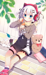  :t absurdres animal_ear_headphones animal_ears black_ribbon black_shorts blue_eyes blurry blurry_background blurry_foreground boots braid brown_sweater closed_mouth commentary_request computer crossed_ankles cup depth_of_field disposable_coffee_cup disposable_cup eating fake_animal_ears female fence fishnet_thighhighs fishnets food hair_between_eyes hair_ornament hair_ribbon headphones headset high-waist_shorts highres holding holding_food izumiyuhina laptop long_sleeves looking_at_viewer original photoshop_(medium) pink_footwear ribbon sandwich shorts sitting sleeves_past_wrists socks socks_over_thighhighs solo star_(symbol) star_print striped_clothes striped_socks stuffed_animal stuffed_toy sweater teddy_bear thighhighs two_side_up wavy_mouth white_hair x_hair_ornament 