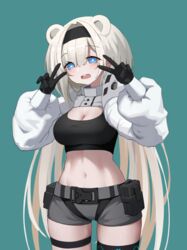  animal_ears aqua_background arknights aurora_(arknights) aurora_(elite_ii)_(arknights) bad_id bad_pixiv_id bear_ears black_gloves black_hairband black_shirt blue_eyes breasts cleavage commentary_request cowboy_shot crop_top double_v female gloves grey_hair grey_shorts hairband hands_up heart heart-shaped_pupils highres huizhiyin infection_monitor_(arknights) large_breasts long_hair long_sleeves looking_at_viewer midriff navel open_mouth pouch shirt short_shorts shorts shrug_(clothing) simple_background solo standing stomach symbol-shaped_pupils thigh_strap thighs v very_long_hair white_hair 