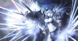  abyssal_ship air_defense_cruiser_princess bad_id bad_pixiv_id blue_eyes breasts cleavage colored_skin energy_beam female firing gloves glowing glowing_eye hair_over_one_eye highres kantai_collection large_breasts long_hair looking_afar machinery parted_lips solo spikes turret weasel_(close-to-the-edge) white_hair white_skin 