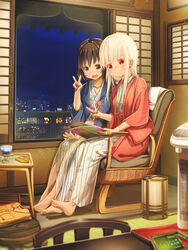  2girls :d aiuabo barefoot bath_yukata black_eyes black_hair chair commentary_request folded_clothes food_wrapper hanten_(clothes) heater highres holding holding_magazine holding_pen indoors japanese_clothes kimono long_hair magazine_(object) multiple_girls nail_polish night open_mouth original pen red_eyes ryokan shared_chair siblings sisters sitting smile striped_clothes striped_kimono table v vertical-striped_clothes vertical-striped_kimono white_hair window yukata 